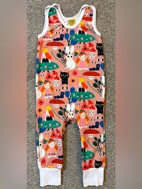 Kids Pink Graphic Romper with Playful Fairy Tale Print